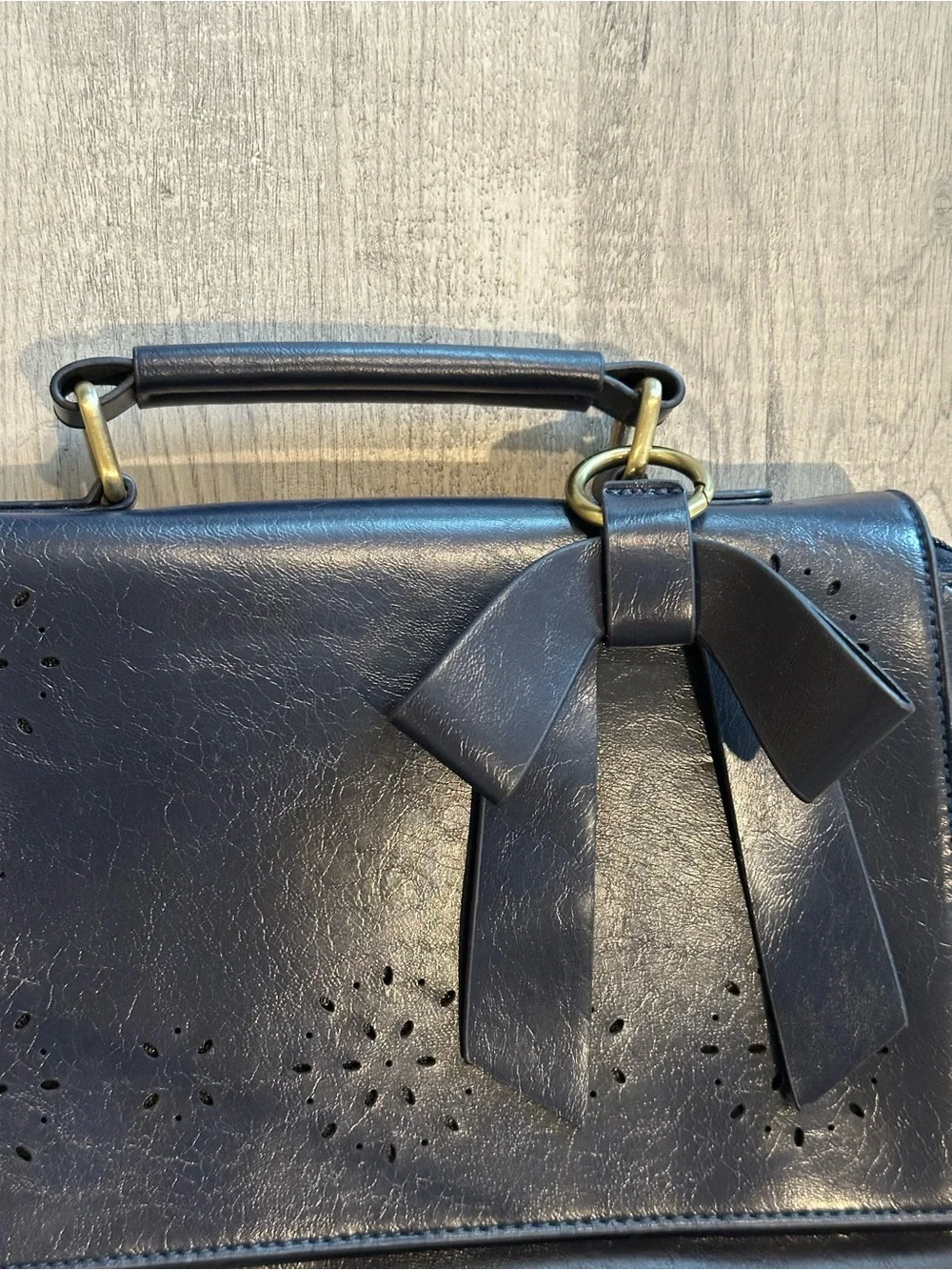 Walasa Pocketful of Sunshine Navy Leather Bow Satchel Crossbody Bag